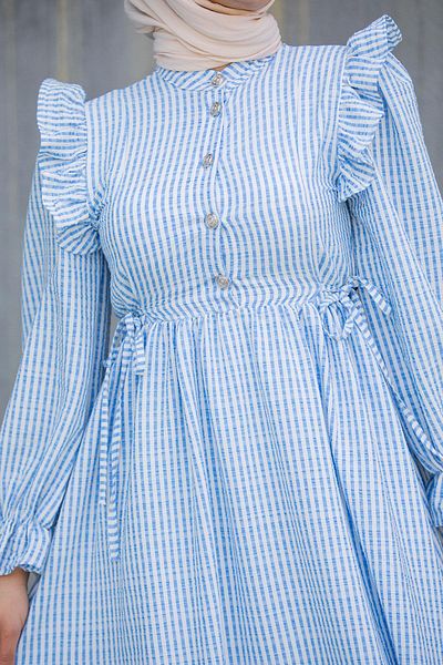 Tesettür Çarşım Seersucker Fabric Dress - Pitta and Ruffle Detail, Baby Blue