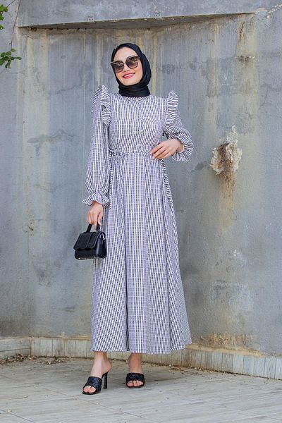 Tesettür Çarşım Black Seersucker Fabric Dress - Pitta and Ruffle Detail