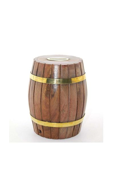 LiderGlobal Brass Wooden Barrel Piggy Bank 12.5 cm