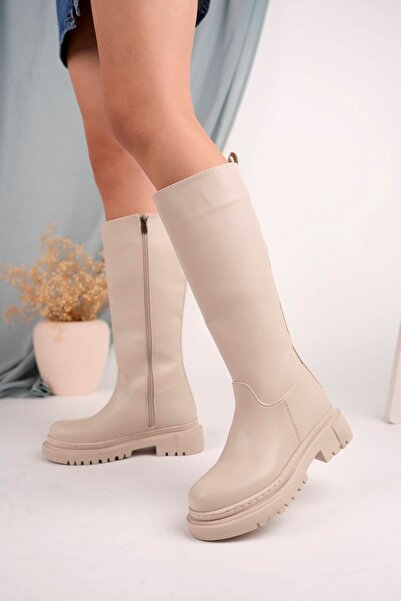 Gimeravm Fermuarlı Uzun Krem Cilt Kadın Çizme