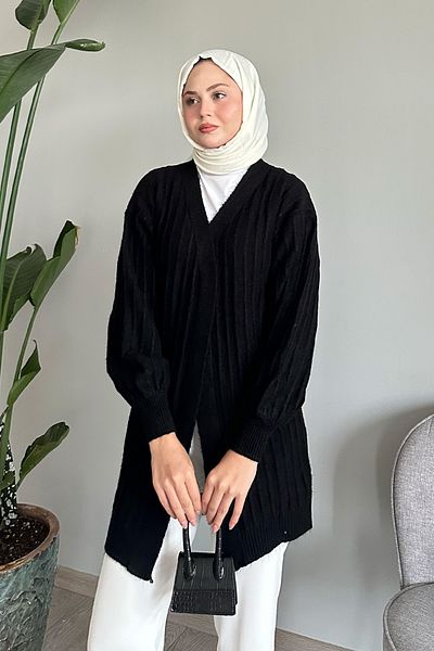 InStyle Tricotaj negru Cardigan cu nervuri de pluș
