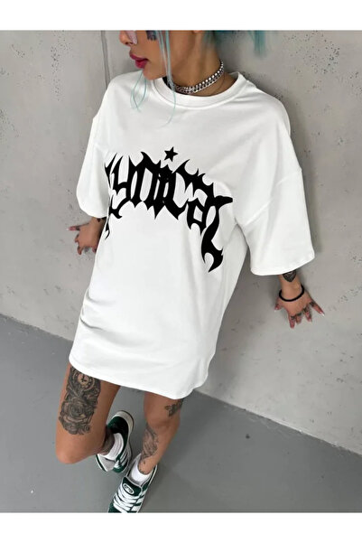 Femella Women Fashion Tricou alb unisex cu imprimeu oversize cu guler rotund