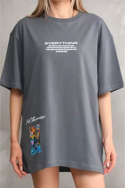 Simala Γκρι μπλουζάκι Unisex Oversize Crew Neck με στάμπα
