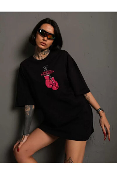 Femella Women Fashion Μπλουζάκι Unisex Crew Neck Printed Oversize - Μαύρο