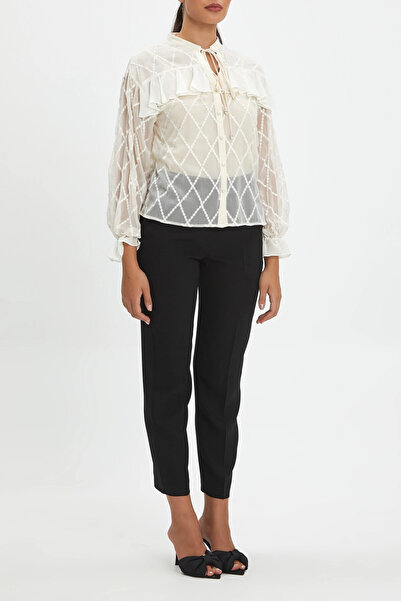 SERPİL Fırfır Detaylı Balon Kollu V Bisiklet Yaka Bej Gömlek 39851