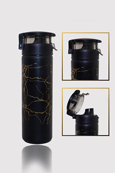 Seraclass 550ML Kilitli Kapak Siyah Mermer Desen Cam Şişe Matara & Suluk -