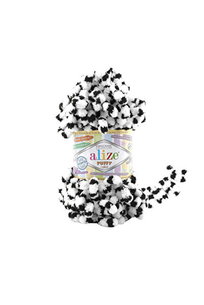 Alize Puffy Color El Örgü Ipliği Tekli 6451 Siyah Beyaz 100 Gr. 9 Mt. Parmak Örgü Ipi