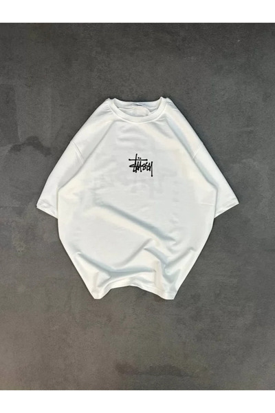 Femella Women Fashion Tricou alb unisex cu imprimeu oversize cu guler rotund