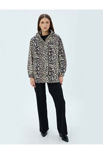 Koton Leopard Print Raincoat with Hooded Pockets