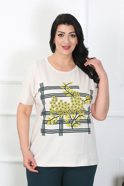 Akbeniz Σετ γυναικεία κρεμ πιτζάμες Plus Size 202402