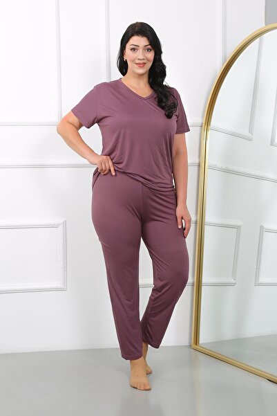 Akbeniz Women's Plus Size Short Sleeve Combed Cotton Pajamas Set Plum 202405