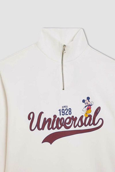 DeFacto Disney Mickey & Minnie Printed Oversize White Sweatshirt - Zip-Up, Stand Collar