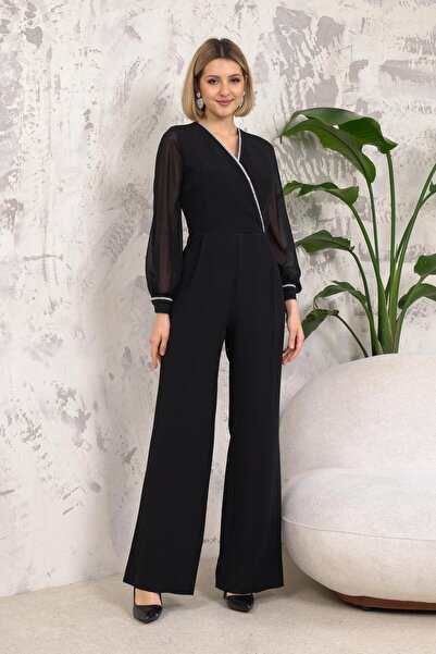 Livanomi Şerit Aksesuarlı Siyah Tulum