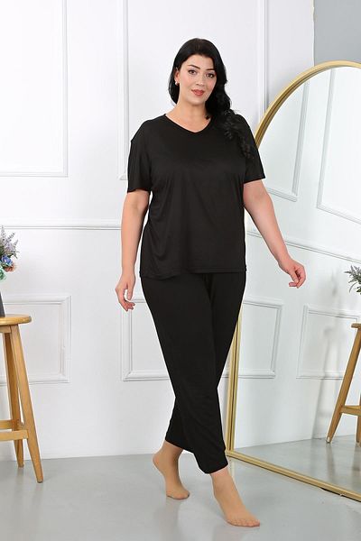 Akbeniz Plus Size Μαύρο Χτενισμένο Βαμβακερό Σετ Πυτζάμες - Κοντό μανίκι 202405