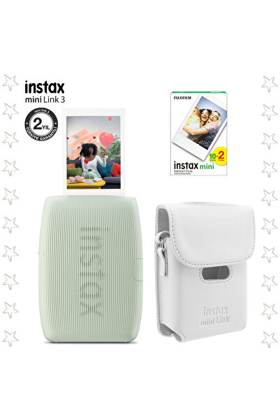 Fujifilm Instax Mini Link 3 Yeşil Akıllı Telefon Yazıcısı Beyaz Çanta Ve 20'li Mini Film