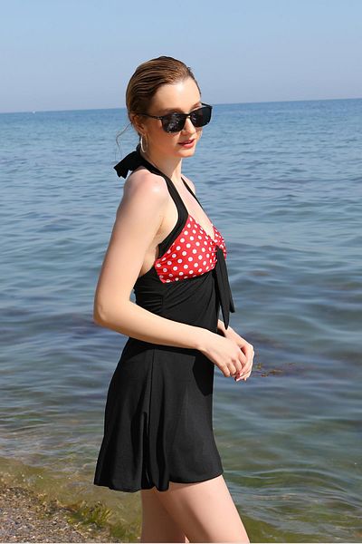 Akbeniz Red Lycra Bow Detailed Shorts Dress Swimsuit - 37021