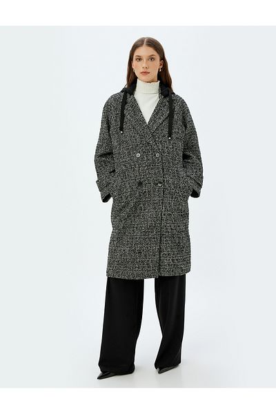 Koton Buttoned Long Double Breasted Coat with Detachable Hood Pockets