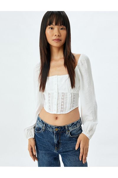 Koton Μπλούζα U Neck Slim Fit Crop - Μπαλόνι μανίκι, guiped και λεπτομέρεια με βελονάκι