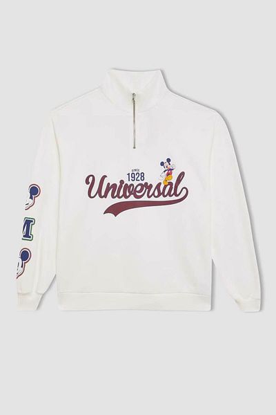 DeFacto Disney Mickey & Minnie Printed Oversize White Sweatshirt - Zip-Up, Stand Collar