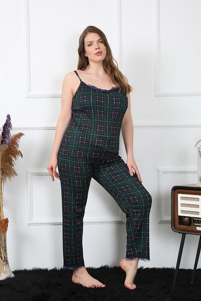 Akbeniz Women's Large Size Green Plaid Rope Strap Pajama Set 202197