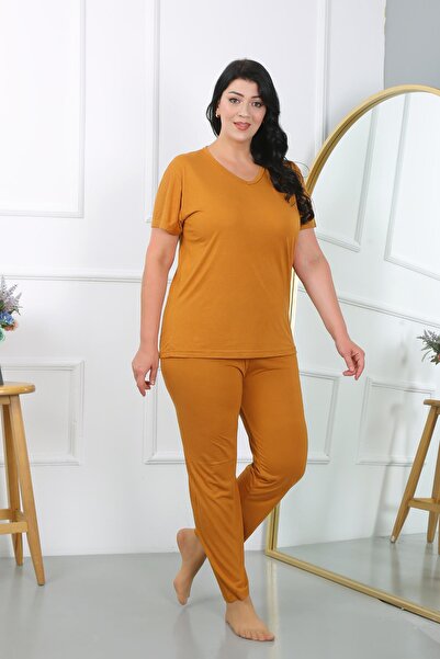 Akbeniz Plus Size Women's Combed Cotton Pajama Set - Short Sleeve, Mustard 202405