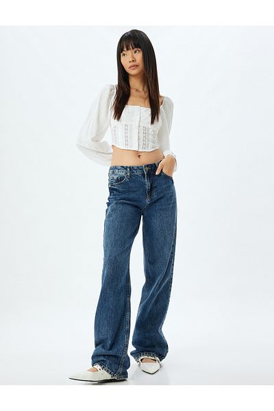 Koton Μπλούζα U Neck Slim Fit Crop - Μπαλόνι μανίκι, guiped και λεπτομέρεια με βελονάκι