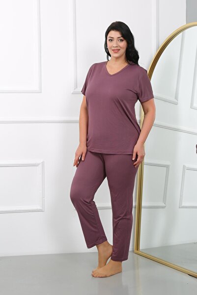 Akbeniz Women's Plus Size Short Sleeve Combed Cotton Pajamas Set Plum 202405