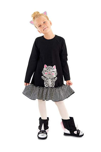 Denokids Schwarzes, silbernes Rüschenkleid mit Leopardenmuster für Mädchen