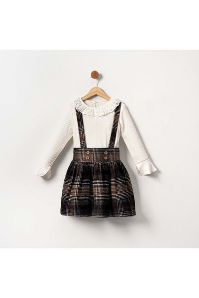 Mnk Baby&Kids Комплект от гащеризон и пола за момиче с карирани шарки - MNK2148 КАФЯВ