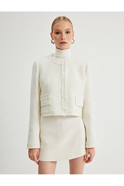 Koton Блискуча коротка брезентова куртка з круглим коміром і кишенями на липучці з блискучою застібкою