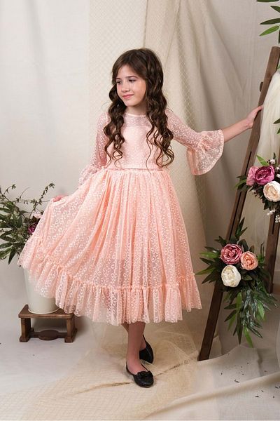Mnk Baby&Kids Rochie pentru fetiță cu mânecă lungă din dantelă Makri - MNK0600 SALMON