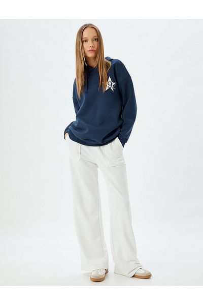 Koton College Themed Oversize Hooded Sweatshirt - Back Printed Ribbon