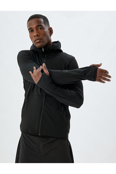 Koton Αθλητικό φούτερ με κουκούλα Slim Fit - Raised, Soft Button, Λεπτομέρεια τσέπης με φερμουάρ, Μακρύ μανίκι