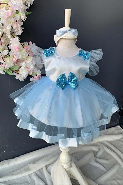 Mnk Baby&Kids Pul Payet Fiyonklu Saten Kız Bebek Mevlütlük Elbise PNPN176 MAVİ
