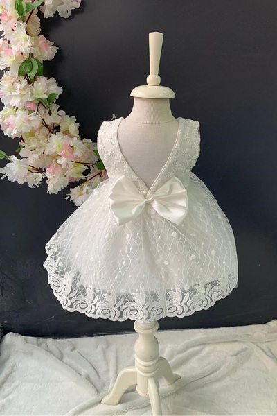 Mnk Baby&Kids Saç Bantlı Papatyalı Dantelli Bebek Elbise PNPN146 BEYAZ