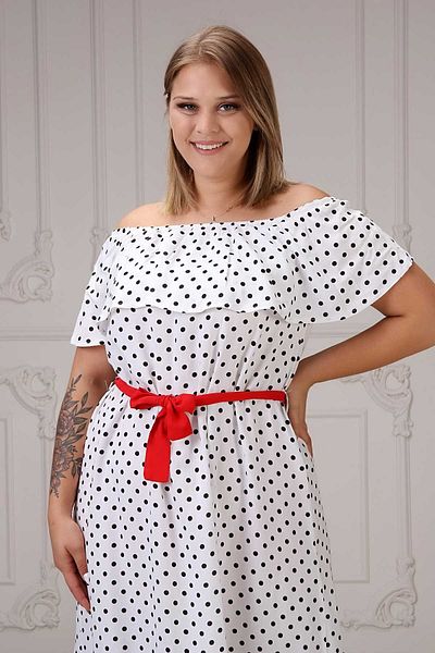 Zer Otantik Λευκό φόρεμα με πουά γιακά Madonna Plus Size