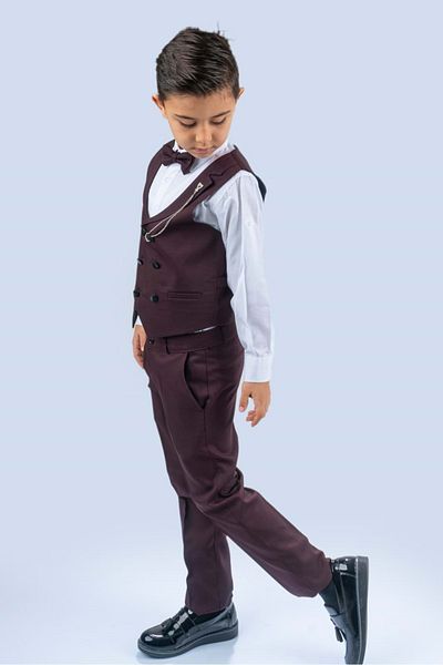 Mnk Baby&Kids Boy's Set - Chain, Vest, Double Row Buttons, Claret Red Mnk0484