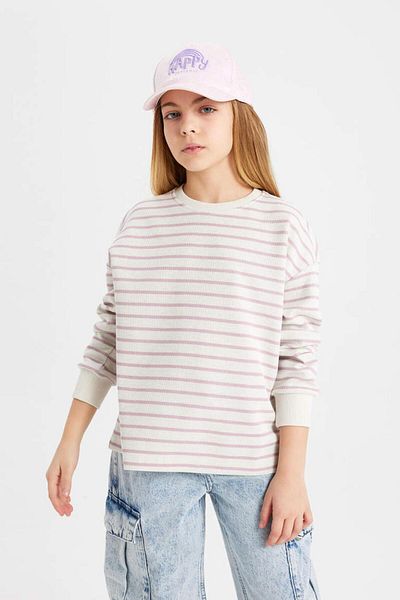 DeFacto B7378a8 Суитшърт на райе с кръгло деколте Ss Girl Relax Fit