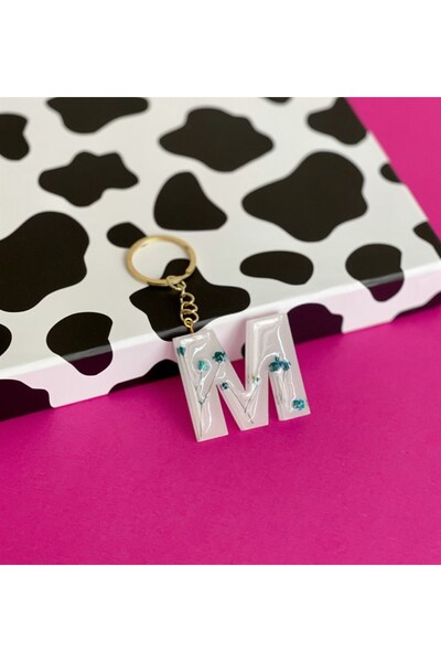 Gift Moda Özel Gerçek Kurutulmuş Çiçekli Beyaz Epoksi Anahtarlık