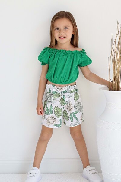 Mnk Baby&Kids Palm Tree Pattern Muslin Fabric Girl's Suit with Shorts TF7355 GREEN