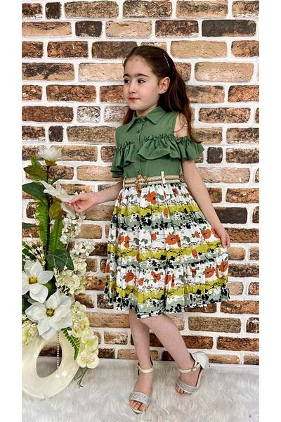 Mnk Floral Viscose Shirt Collar Summer Girls Dress Green