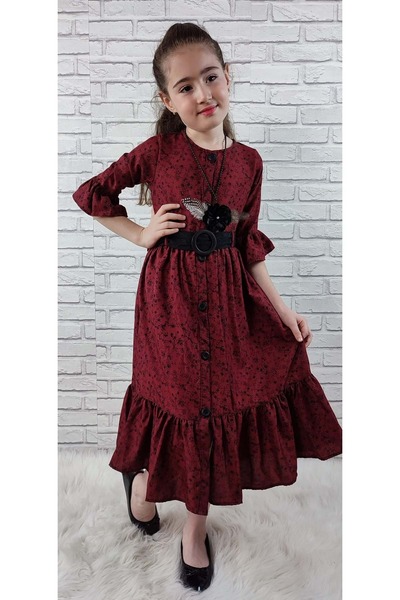 Mnk Vintage Basma Kız Çocuk Elbise MNK0299 BORDO
