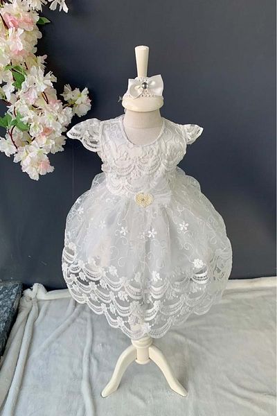 Mnk Baby&Kids Pearl Jewelled Lace Baby Girl Dress Pnpn153 White