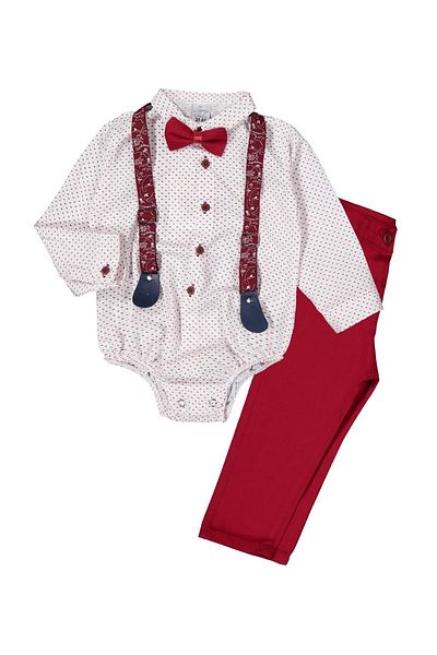 Mnk Cotton Baby Suit with Shirt, Bottom Snaps, Gabardine Trousers, Burgundy