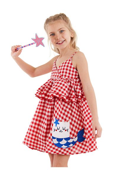 Denokids Rotes kariertes Rüschen-Kinderkleid mit Katzenriemen