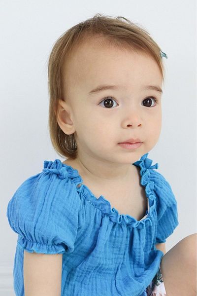Mnk Baby&Kids Costum pentru fete din țesătură muselină cu model cu palmieri TF7355 ALBASTRU