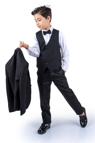 Mnk Baby&Kids Vest Set Boy's Groom Suit with Silvery Jacket Mnk0501 Black