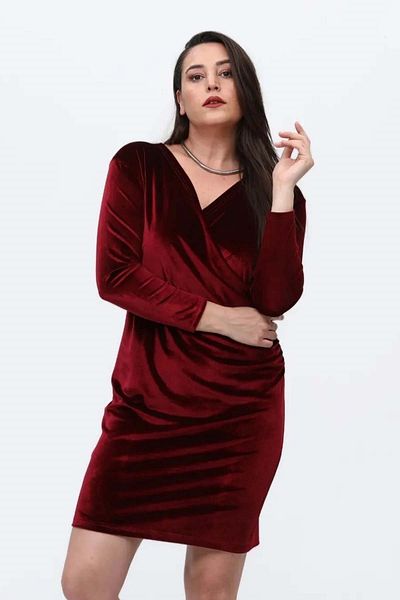 Zer Otantik Burgundy Velvet Dress - Double Breasted Collar, Plus Size