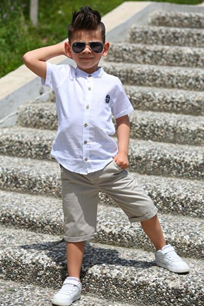 Mnk Baby&Kids Linen Shirt Woven Trousers Belted Boys' Suit Mnk4306 White