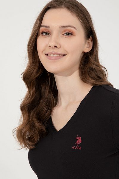 U.S. Polo Assn. Pulover de bază negru cu decolteu în V de damă 50251913 -VR046
